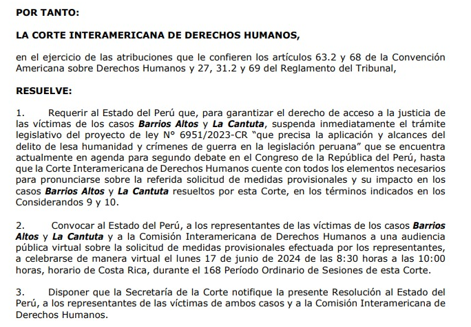 CIDH pide al Congreso suspender trámite de ley de impunidad